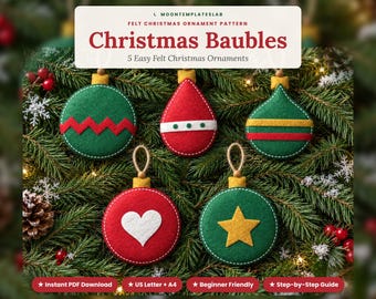 Bauble Felt Ornament Patterns, Set of 5, Zigzag Teardrop Onion Heart Star Bauble, Easy Beginner Christmas Hand Sewing PDF Templates