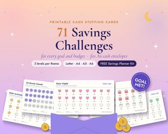 May include: A set of 71 printable cash stuffing cards for A6 envelopes, featuring savings challenges with themes like 52-Week Classic, Date Night, and Kids Activities. The cards include icons like hearts, stars, and gifts, with text labels.