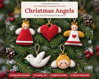 Angel Felt Ornament Patterns, Set of 5, Angel Girl Heart Bell Angel Peace Dove, Easy Beginner Christmas Hand Sewing PDF Templates