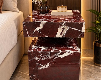 Rosso Levanto Marble Nightstand, Handmade Burgundy Stone Bedside Table, Luxury Modern Bedroom Furniture