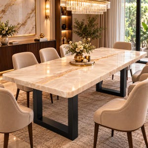 Tavolo da pranzo di lusso in onice bianco, marmo naturale, rettangolare, realizzato a mano, moderno, arredamento personalizzato per la sala da pranzo.