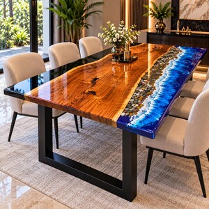 Rectangle Ocean Wave Epoxy Resin Dining Table, Luxury Acacia Wood Live Edge Table, Handmade Beach River Furniture Hallway & Living Room Deco