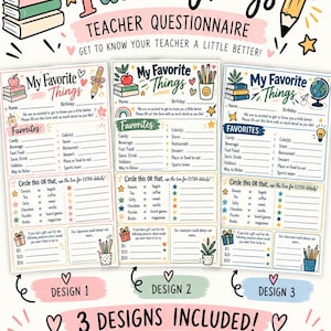 May include: Three printable teacher questionnaire templates titled My Favorite Things. Each sheet includes sections for name, birthday, favourites, and a circle this or that activity. The designs feature colourful illustrations of books, apples, pencils, and globes.
