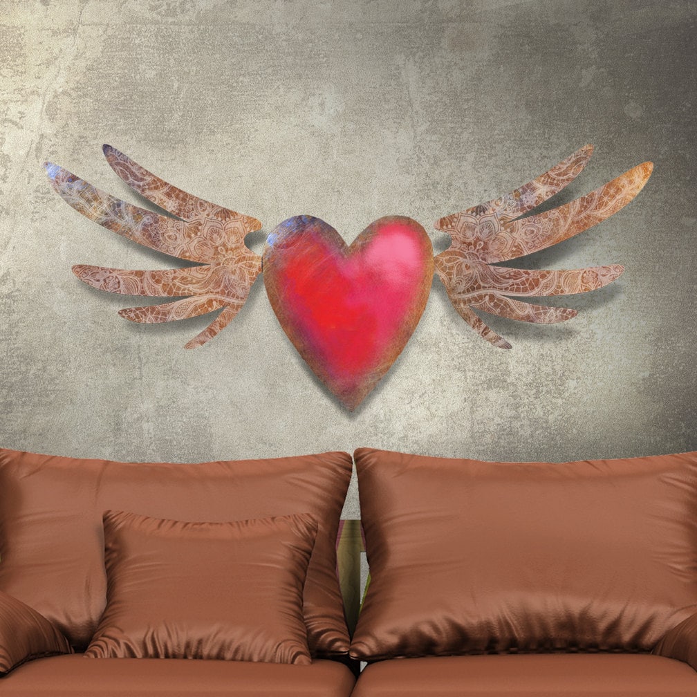 Metal Wall Art 3D Dimensional Flying Heart Tattoo Sculpture Etsy