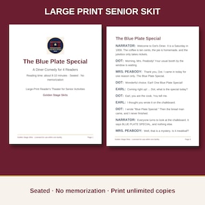 Puede incluir: Un guion de teatro para personas mayores en letra grande titulado The Blue Plate Special, una comedia de restaurante para 4 lectores. El documento incluye un logotipo, tiempo de lectura y páginas de guion con diálogos entre Dot, Mrs. Peabody y Earl.