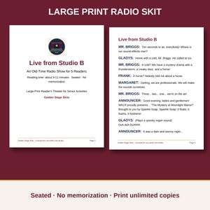 Peut inclure: Un script de sketch radio en gros caractères intitulé Live from Studio B, une émission de radio d'époque pour 5 lecteurs. Le document comprend des dialogues, des indications scéniques et le logo Golden Stage Skits pour lecture assise.
