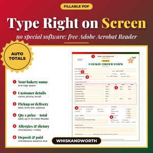 May include: A fillable PDF cookie order form template with sections for bakery name, customer details, pickup or delivery, cookie selection, dietary allergies, and payment. The document features auto-calculating totals and text fields for Adobe Acrobat Reader.