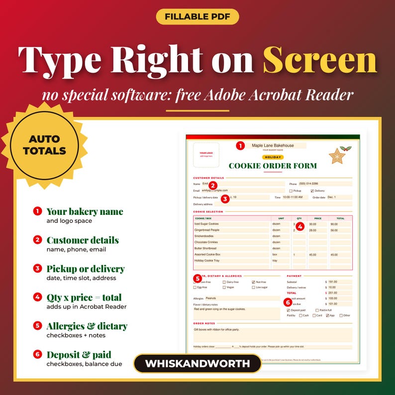 May include: A fillable PDF cookie order form template with sections for bakery name, customer details, pickup or delivery, cookie selection, dietary allergies, and payment. The document features auto-calculating totals and text fields for Adobe Acrobat Reader.