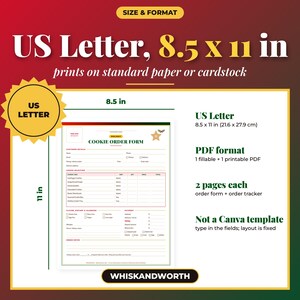 May include: A digital holiday cookie order form template in US Letter 8.5 x 11 inch size. The document includes sections for customer details, cookie selection, dietary allergies, and payment. It is a fillable and printable PDF format.