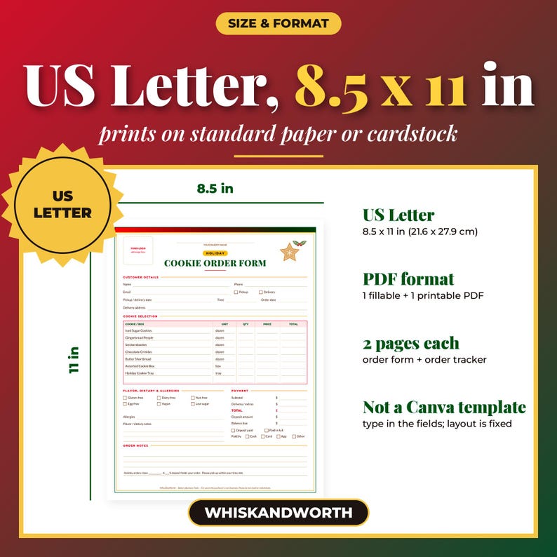 May include: A digital holiday cookie order form template in US Letter 8.5 x 11 inch size. The document includes sections for customer details, cookie selection, dietary allergies, and payment. It is a fillable and printable PDF format.
