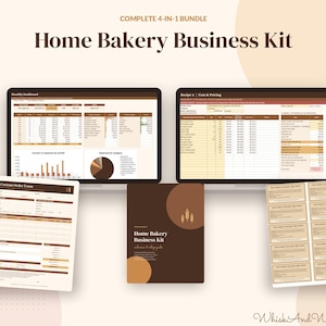 May include: A Home Bakery Business Kit 4-in-1 bundle featuring two digital dashboards, a custom order form, a guide cover, and a sheet of labels. The documents use a brown and cream colour scheme with text including Home Bakery Business Kit.
