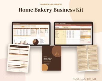 May include: A Home Bakery Business Kit 4-in-1 bundle featuring two digital dashboards, a custom order form, a guide cover, and a sheet of labels. The documents use a brown and cream colour scheme with text including Home Bakery Business Kit.