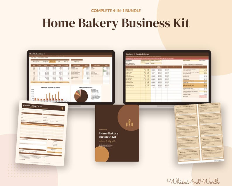 May include: A Home Bakery Business Kit 4-in-1 bundle featuring two digital dashboards, a custom order form, a guide cover, and a sheet of labels. The documents use a brown and cream color scheme with text including Home Bakery Business Kit.