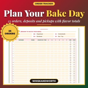 May include: A printable order tracker sheet titled Plan Your Bake Day with space for 25 orders, deposits, and pickups. The form includes columns for customer details, phone, pickup time, flavor totals, and checkboxes for deposit and payment status.