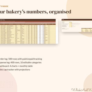 May include: A digital spreadsheet template for bakery management titled Your bakery's numbers, organised. It features an Order & Income Log, a settings panel, and a list of features including a 500-row order log and a 400-row expense log.