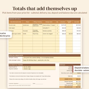 May include: A digital order form template with brown headers and light yellow cells. It includes sections for order details, special requests, payment terms, and totals. Text includes 'Totals that add themselves up' and 'Custom price overrides list price'.