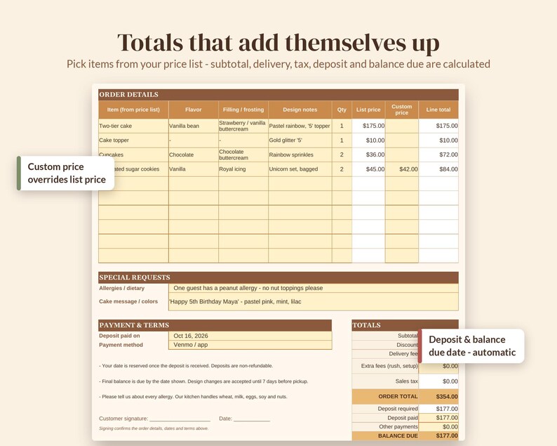 May include: A digital order form template with brown headers and light yellow cells. It includes sections for order details, special requests, payment terms, and totals. Text includes 'Totals that add themselves up' and 'Custom price overrides list price'.