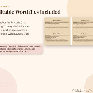 May include: A digital template for editable product labels featuring four rectangular beige labels with placeholders for product name, ingredients, allergens, and business information, accompanied by instructional text for Word and Google Docs.
