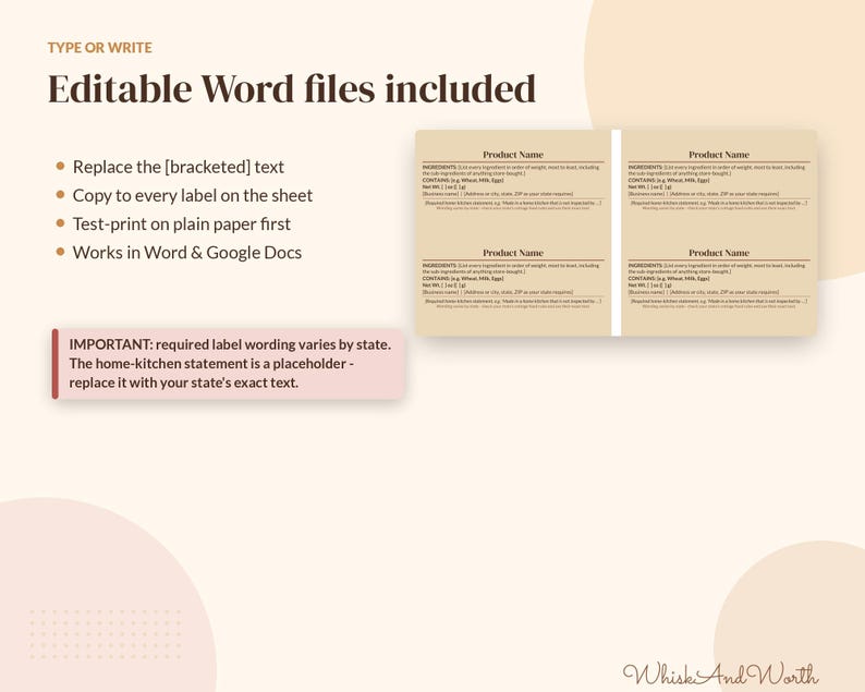 May include: A digital template for editable product labels featuring four rectangular beige labels with placeholders for product name, ingredients, allergens, and business information, accompanied by instructional text for Word and Google Docs.