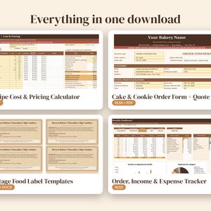 May include: A digital business management bundle for bakeries featuring four templates: a Recipe Cost & Pricing Calculator, a Cake & Cookie Order Form & Quote, Cottage Food Label Templates, and an Order, Income & Expense Tracker.