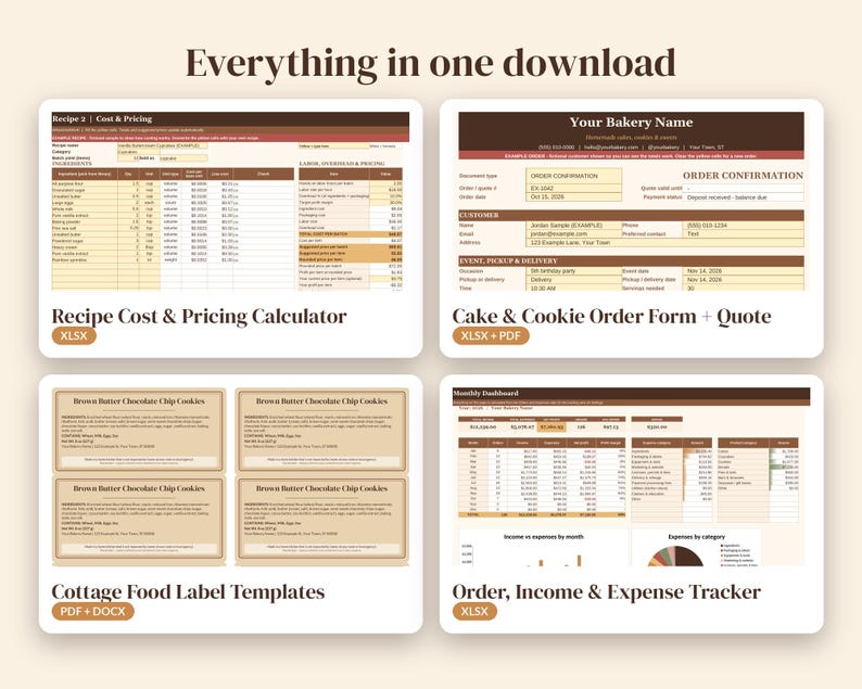 May include: A digital business management bundle for bakeries featuring four templates: a Recipe Cost & Pricing Calculator, a Cake & Cookie Order Form & Quote, Cottage Food Label Templates, and an Order, Income & Expense Tracker.