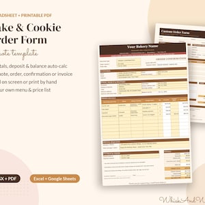 May include: A digital Cake & Cookie Order Form template featuring sections for customer details, event information, order specifics, special requests, and payment terms, presented in a brown and cream colour scheme with XLSX and PDF formats.