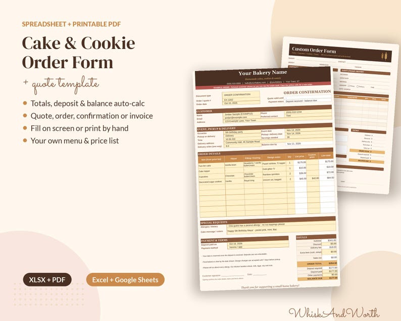 May include: A digital Cake & Cookie Order Form template featuring sections for customer details, event information, order specifics, special requests, and payment terms, presented in a brown and cream color scheme with XLSX and PDF formats.
