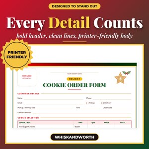 May include: A holiday cookie order form template featuring a white background with green and red text. The form includes sections for customer details, cookie selection, and a placeholder for a logo. A star-shaped cookie graphic is visible.