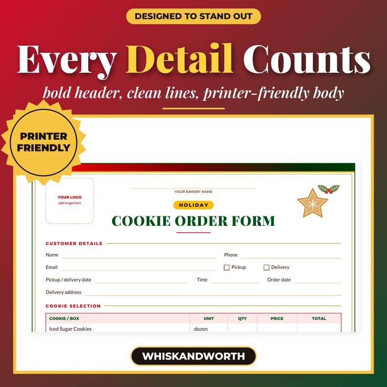 May include: A holiday cookie order form template featuring a white background with green and red text. The form includes sections for customer details, cookie selection, and a placeholder for a logo. A star-shaped cookie graphic is visible.