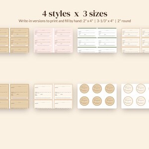 May include: A collection of printable labels featuring 4 styles and 3 sizes, including 2" x 4", 3-1/3" x 4", and 2" round formats. The labels are designed for hand-filling and include various rectangular and circular layouts with lines for text.