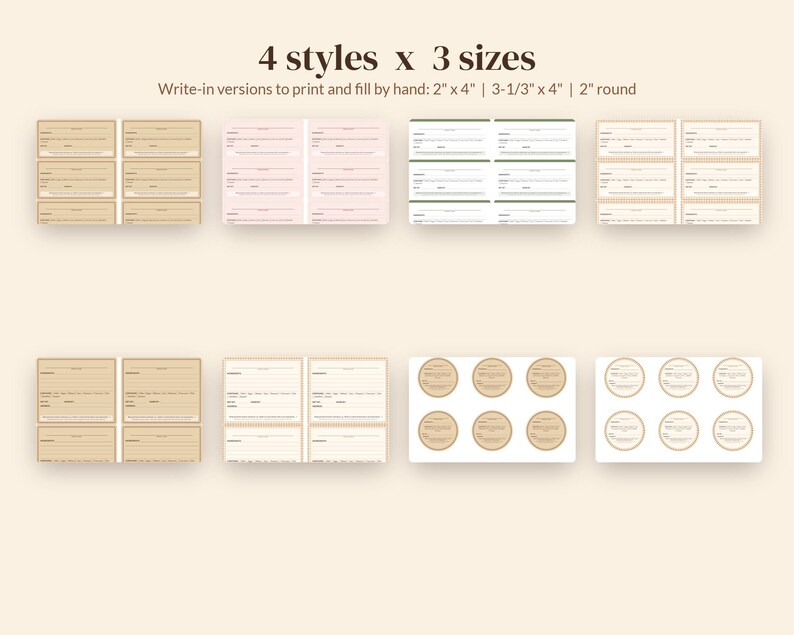 May include: A collection of printable labels featuring 4 styles and 3 sizes, including 2" x 4", 3-1/3" x 4", and 2" round formats. The labels are designed for hand-filling and include various rectangular and circular layouts with lines for text.
