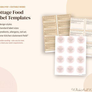 May include: Cottage Food Label Templates in printable PDF and editable Word formats. The set includes four design styles, three standard label sizes, and fields for ingredients, allergens, net weight, and a home-kitchen statement.