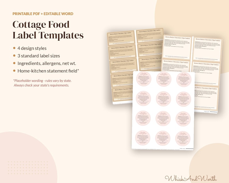 May include: Cottage Food Label Templates in printable PDF and editable Word formats. The set includes four design styles, three standard label sizes, and fields for ingredients, allergens, net weight, and a home-kitchen statement.