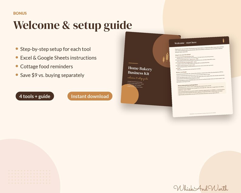 May include: A digital Home Bakery Business Kit welcome and setup guide featuring a dark brown cover with wheat icons and a white interior page with text. Includes bulleted lists for setup, Excel and Google Sheets instructions, and cottage food reminders.