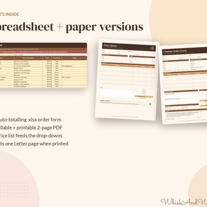 May include: A digital and printable business document set featuring a Price List, Price Quote, and Custom Order Form in a brown and cream color scheme. The text includes 'WHAT'S INSIDE', 'Spreadsheet + paper versions', and 'WhiskAndWorth'.