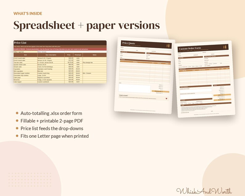 May include: A digital and printable business document set featuring a Price List, Price Quote, and Custom Order Form in a brown and cream color scheme. The text includes 'WHAT'S INSIDE', 'Spreadsheet + paper versions', and 'WhiskAndWorth'.