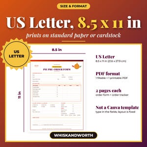 May include: A digital pie pre-order form template in US Letter size, 21.6 by 27.9 cm. The document includes sections for customer details, pie selection, dietary preferences, and payment information, presented in a clean, organised layout.