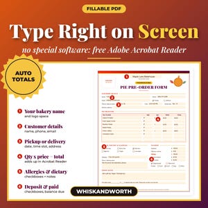 May include: A fillable PDF Thanksgiving pie pre-order form template with a gradient background. The document features sections for customer details, pie selection, dietary allergies, and payment totals, with text highlighting auto-calculation features.