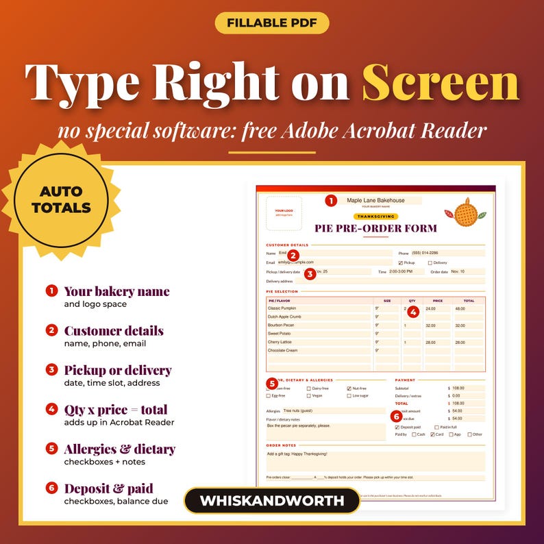 May include: A fillable PDF Thanksgiving pie pre-order form template with a gradient background. The document features sections for customer details, pie selection, dietary allergies, and payment totals, with text highlighting auto-calculation features.