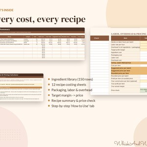 May include: A digital spreadsheet template titled What's Inside Every cost, every recipe, featuring a Recipe Summary table, a Recipe Cost & Pricing Calculator, and a Labor, Overhead & Pricing chart with columns for ingredient library, recipe costing, and profit margins.