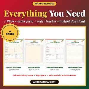 May include: A digital product set featuring 4 pages of cookie order forms and trackers. The text reads Everything You Need, 2 PDFs, order form + order tracker, instant download, 4 PAGES, and WHISKANDWORTH. Includes fillable and printable options.