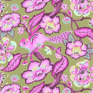 May include: A repeating pattern featuring pink flowers, leaves, and branches on a muted green background. A pink squirrel with white stripes is perched on a branch. The floral design has a vintage, botanical feel.