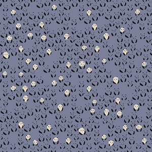 May include: A repeating pattern of panda bears on a muted blue background. The pandas are depicted in black and white, with their distinctive markings. The design is dense, with the pandas closely spaced, creating a playful and whimsical aesthetic.