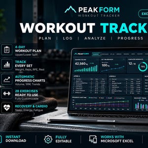 May include: A laptop displaying the Peak Form Workout Tracker Excel spreadsheet, featuring a dark interface with cyan charts, exercise logs, and progress metrics. The screen shows training volume, completed workouts, and recovery trends.