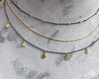 Multi Chain Layering Opal Necklace, Oxidized Sterling, Gold