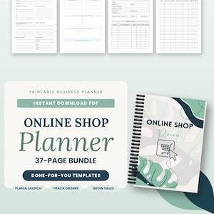 Könnte beinhalten: Ein druckbares Geschäftsplaner-Set mit 37 PDF-Seiten und verschiedenen Vorlagen zur Nachverfolgung. Das Deckblatt zeigt den Text "ONLINE SHOP Planner" mit einem Einkaufswagen-Symbol vor einem Hintergrund aus grünen und weißen Blättern.