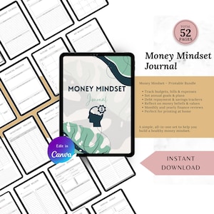 Utskrivbar journal med pengatänkande, finansiell planerare i PDF-format, arbetsbok med förmögenhetstänkande, budget- och sparmål, digital nedladdning i A4-format, redigerbar i Canva