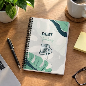 May include: A spiral-bound notebook with a light green and white abstract leaf pattern cover. The text DEBT TRACKERS is printed in dark green above a graphic icon of a document with a dollar sign symbol. The notebook has black wire binding.