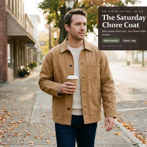 May include: A tan chore coat with a turn-down collar, button-front closure, and patch pockets. A text overlay reads: PDF SEWING PATTERN XS-5XL The Saturday Chore Coat, Boxy unisex chore coat, turn-down collar, patch pockets, Draft-by-points, Classic-Long, THE LOUNGE SPOT.