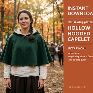 Hooded Capelet Sewing Pattern PDF | Renaissance Cape with Hood | Lined Circle Cloak XS-5XL | Ren Faire Costume | Hollow Hooded Capelet